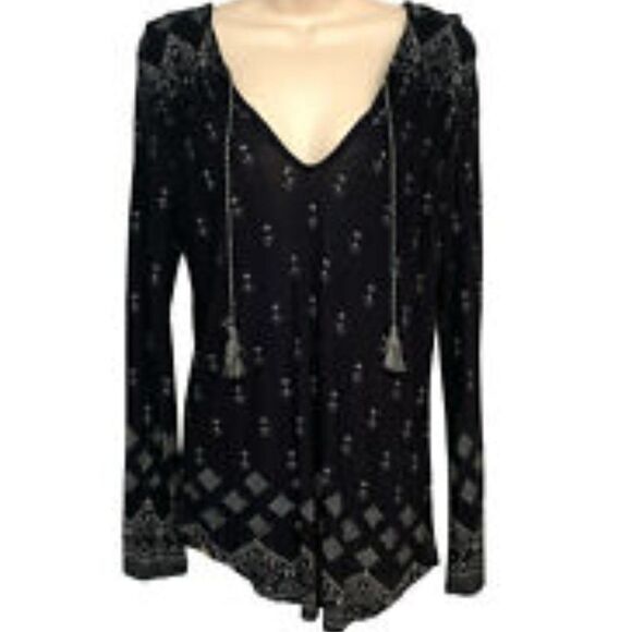 Luck Brand Women's Black Comfort V-neck Teal Paisley Blouse Size Small - Picture 3 of 6